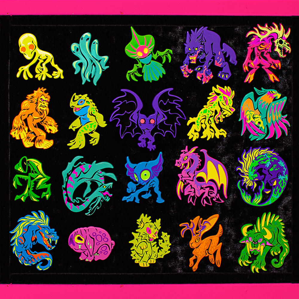 Neon Cryptids enamel pin collection art by Versiris